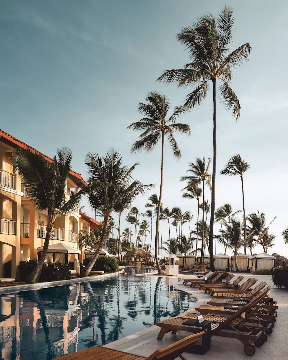 A resort pool lined with palm trees at golden hour